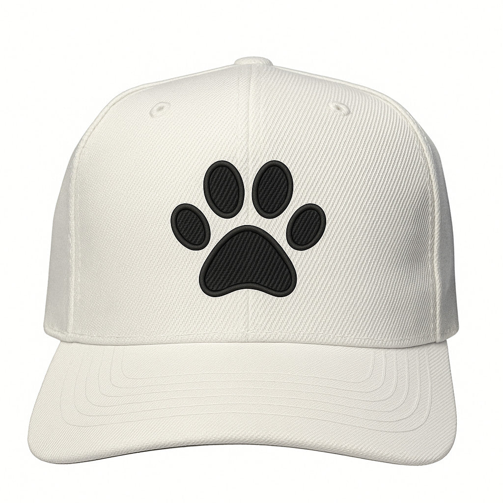 White baseball hat with black thread dog paw design custom embroidered pet lover cap for men and women casual dog mom and dog dad gift
