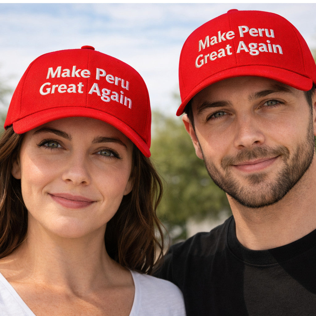Man and woman wearing red Make Peru Great Again embroidered baseball caps outdoors matching patriotic slogan hats