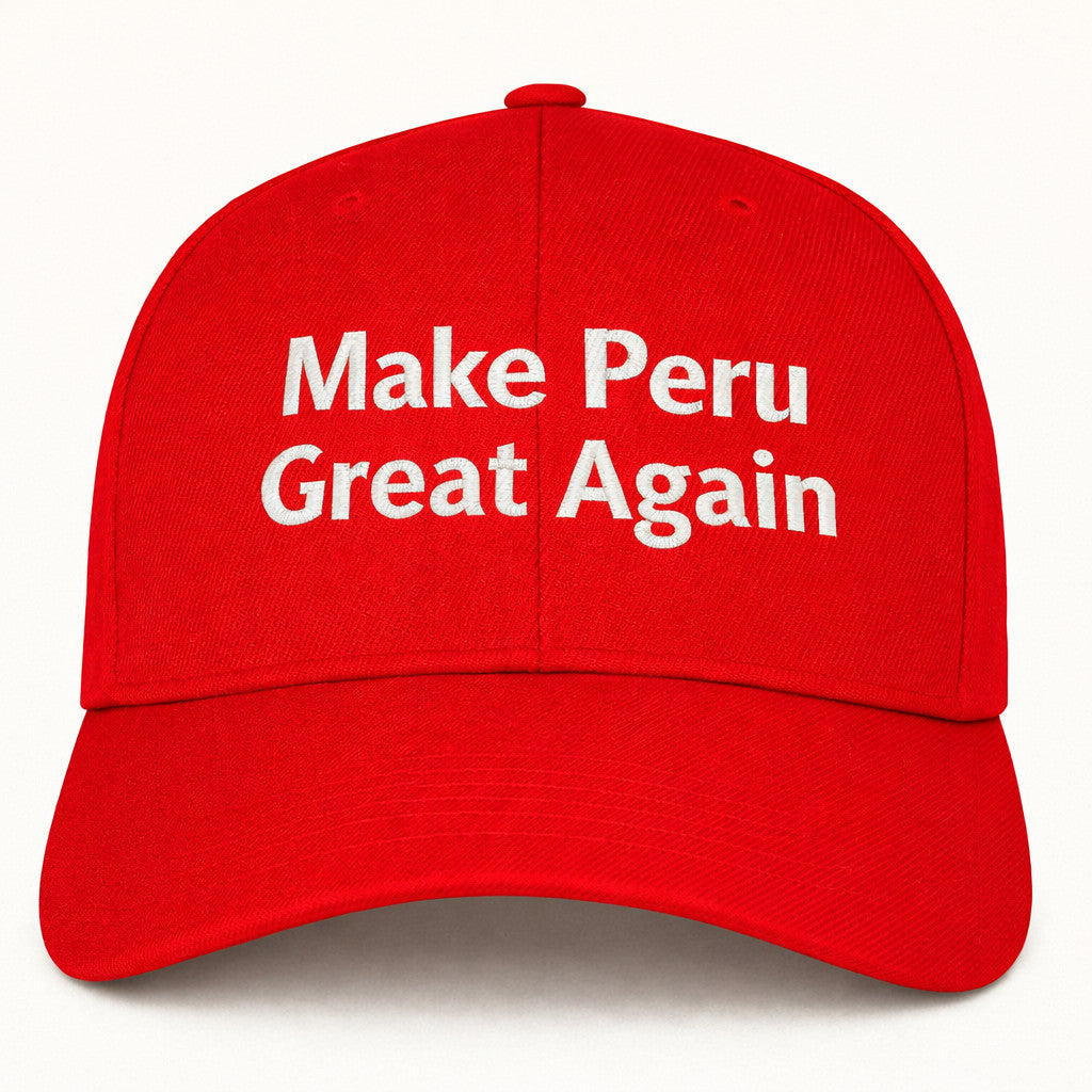 Red embroidered Make Peru Great Again baseball cap with white stitched text, front view patriotic slogan hat