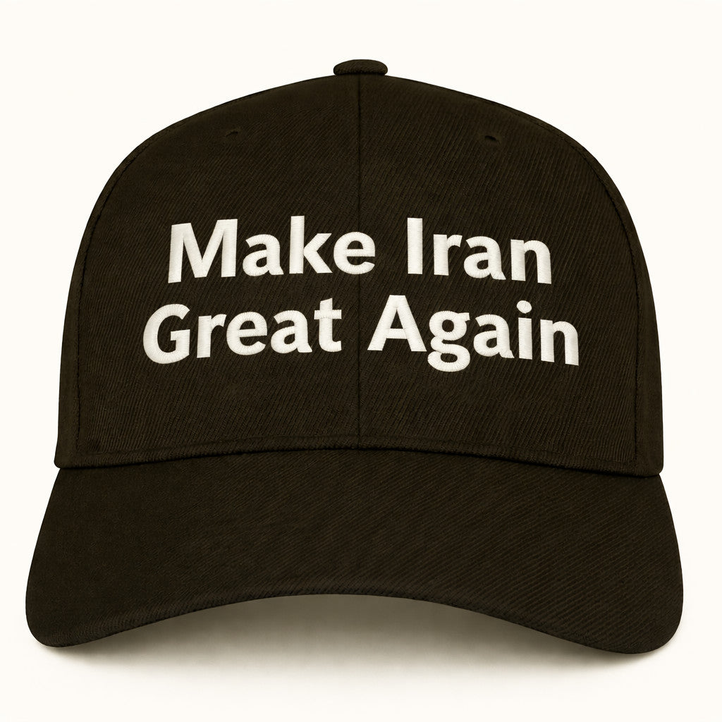Black embroidered baseball cap with Make Iran Great Again text in white stitching, front view custom political slogan hat