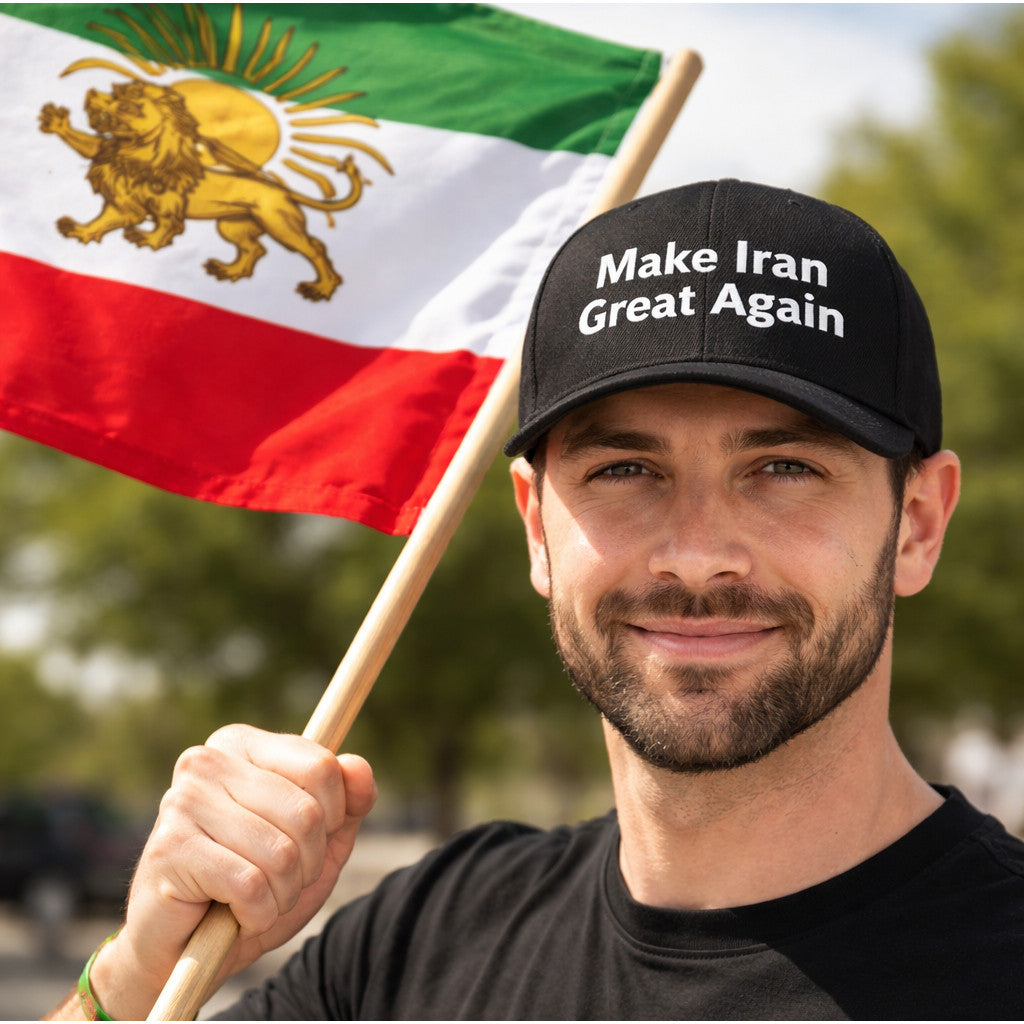 Man wearing black Make Iran Great Again cap holding Shir o Khorshid lion and sun flag outdoors patriotic supporter photo