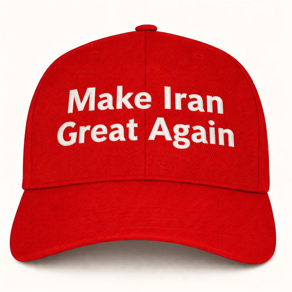 Red embroidered Make Iran Great Again baseball cap with white stitched text, adjustable polyester MIGA hat front view