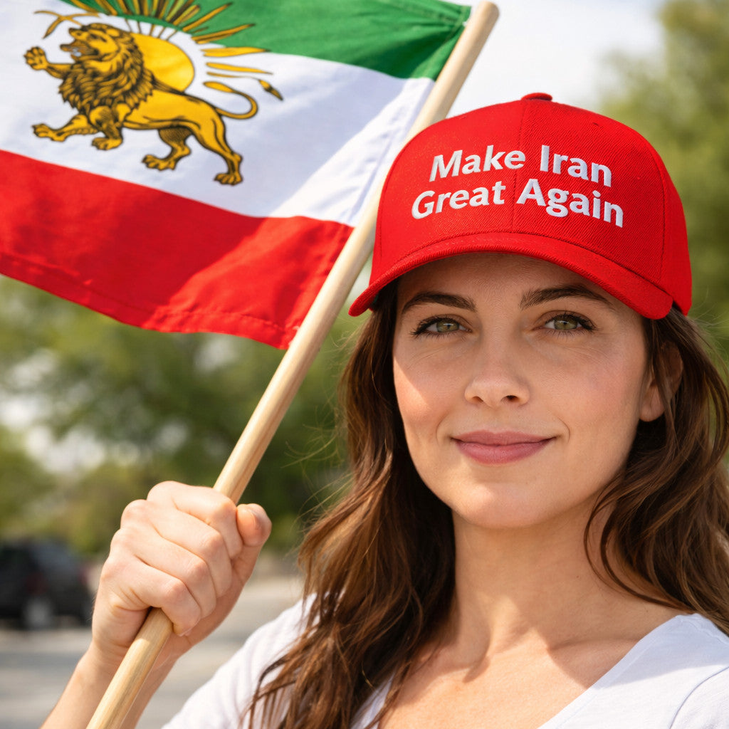 Woman wearing red Make Iran Great Again embroidered cap holding Shir o Khorshid lion and sun flag patriotic outdoor image