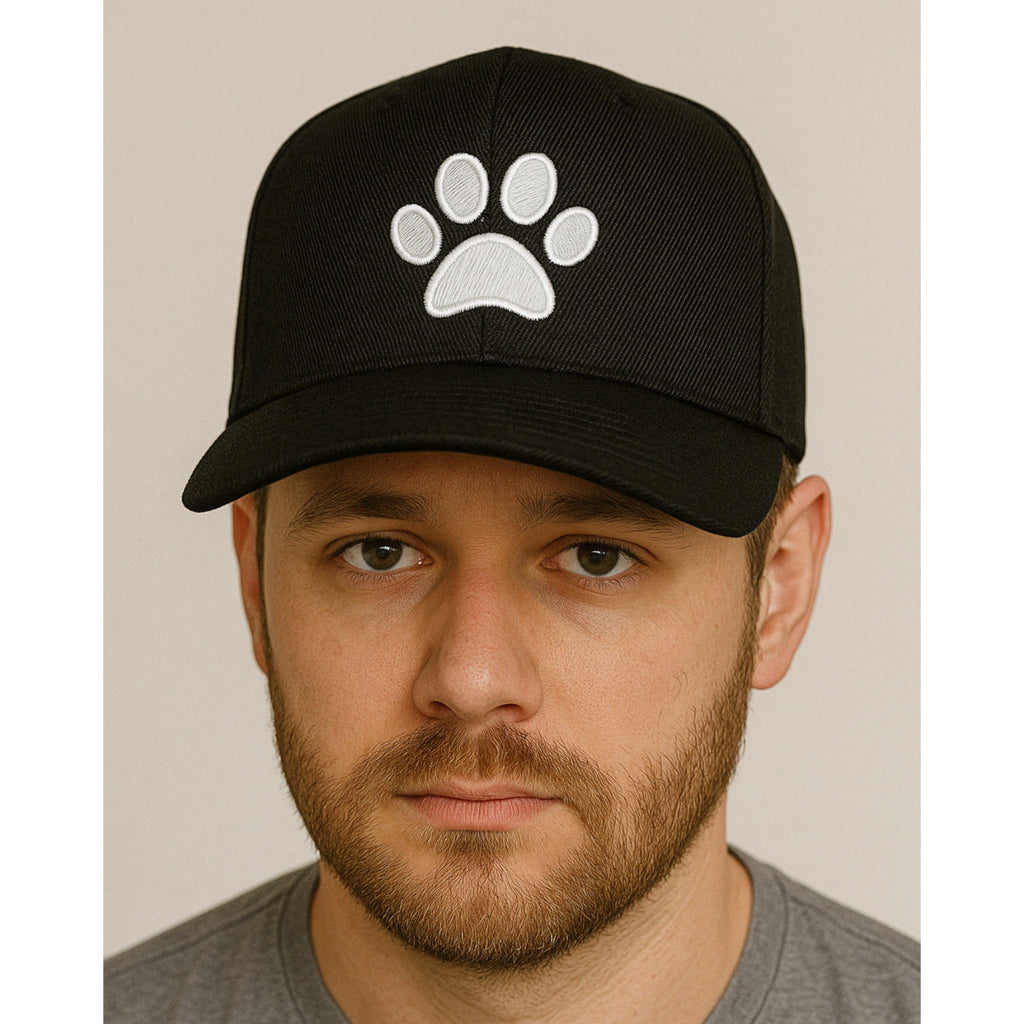 Black baseball hat with white thread dog paw design custom embroidered pet lover cap for men and women casual dog mom and dog dad gift