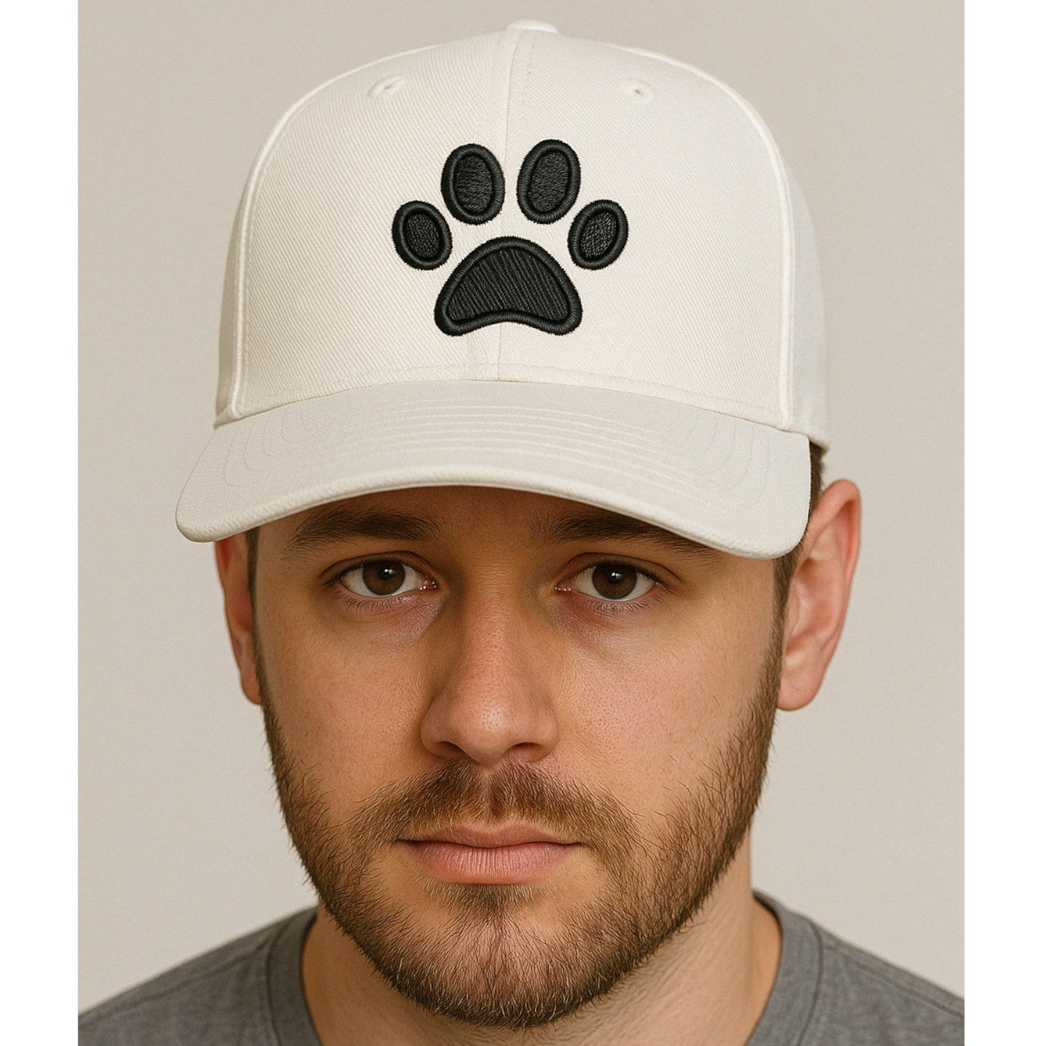 White baseball hat with black thread dog paw design custom embroidered pet lover cap for men and women casual dog mom and dog dad gift