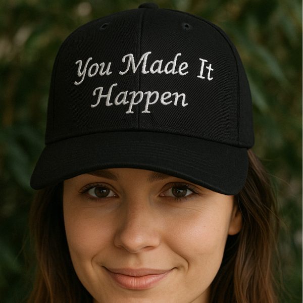 Black custom cap with embroidered quote