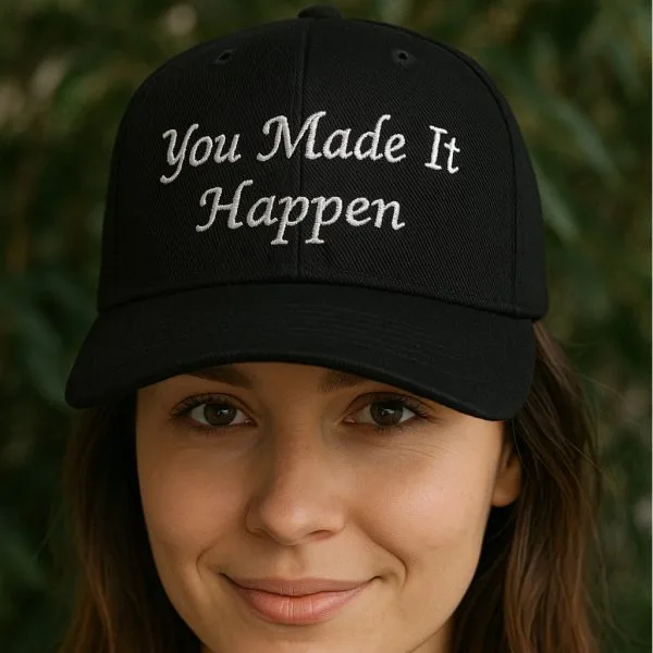 Black custom cap with embroidered quote