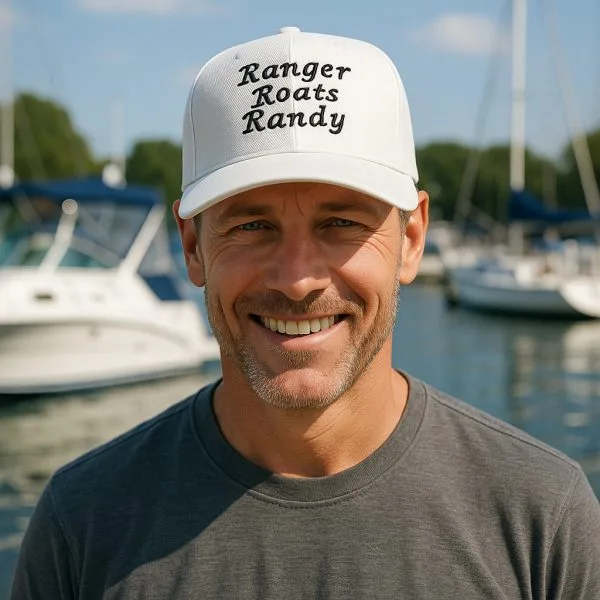 White personalized hat with embroidered message