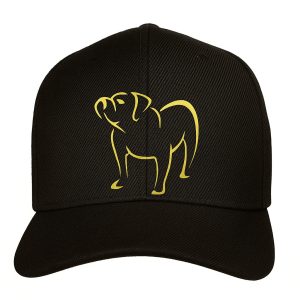 Black baseball cap with yellow embroidered dog design, featuring a bold outline of a dog on front center