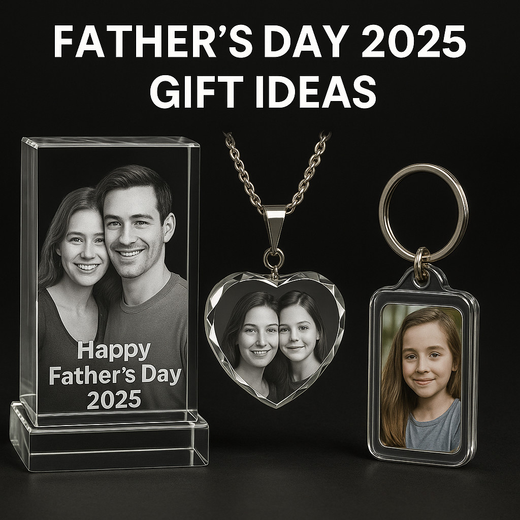 Father’s Day 2025 gift ideas including 3D crystal photo, heart-shaped personalized necklace, and custom photo keychain on dark background