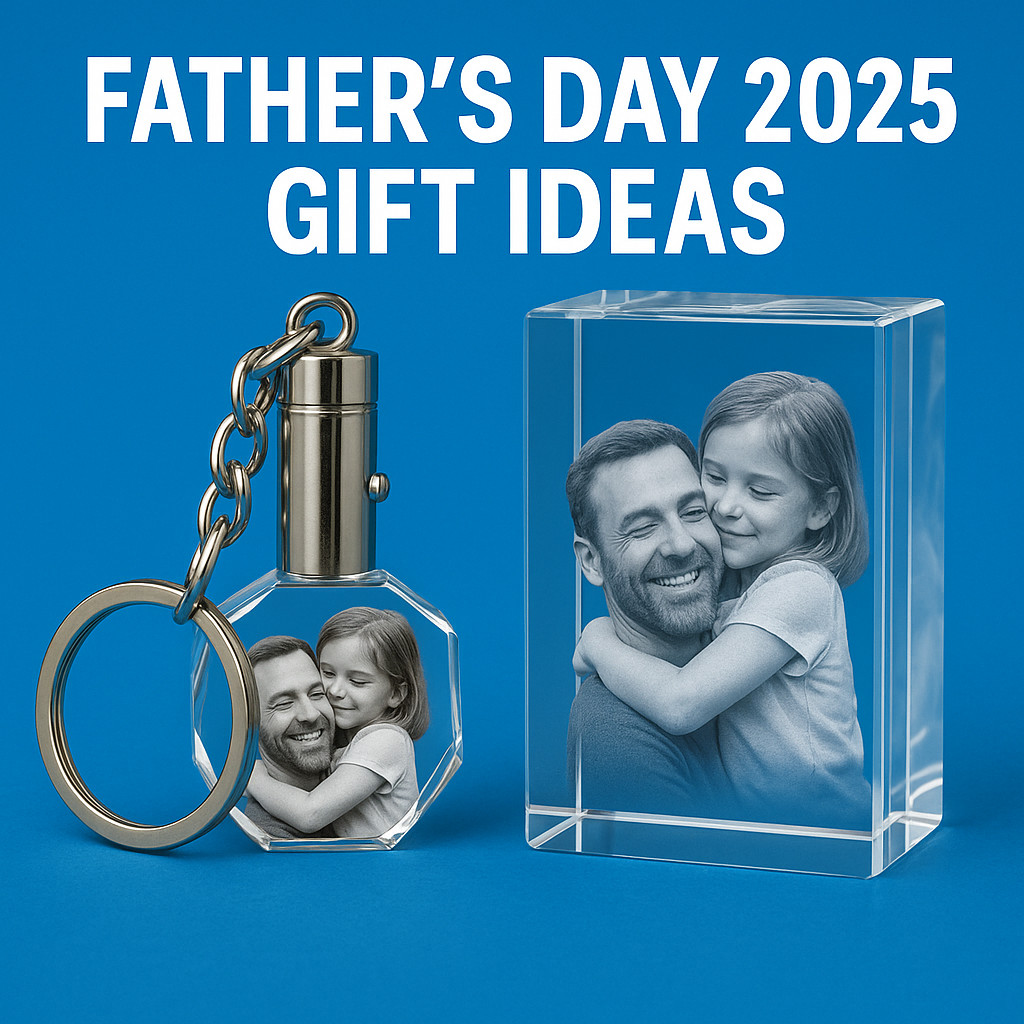 3D crystal photo, custom keychain, and personalized necklace for Father's Day gift