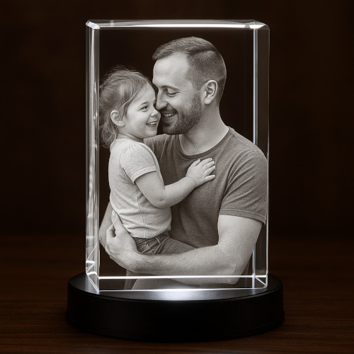 3D crystal photo of a father and daughter smiling inside a clear crystal block on LED base