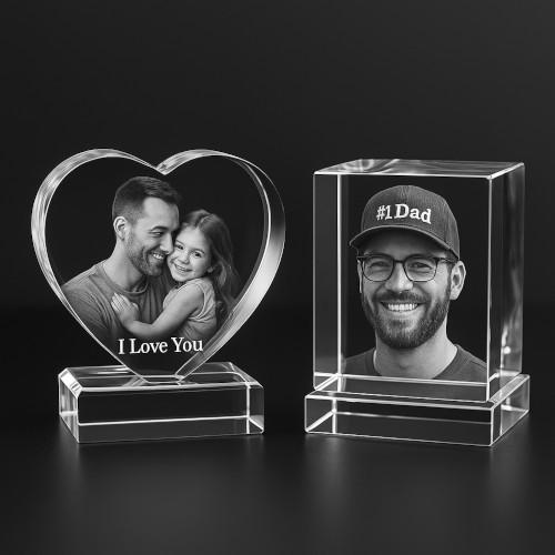 3D crystal heart and cube featuring engraved Father's Day photos with emotional messages
