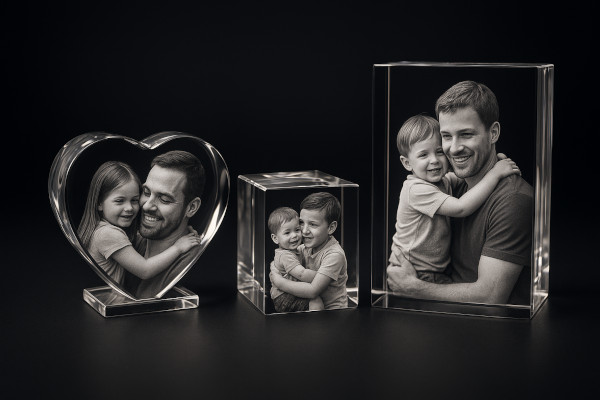 Personalized 3D crystal photo blocks featuring father-child moments in heart, cube, and rectangular shapes, perfect for Father’s Day gifts.